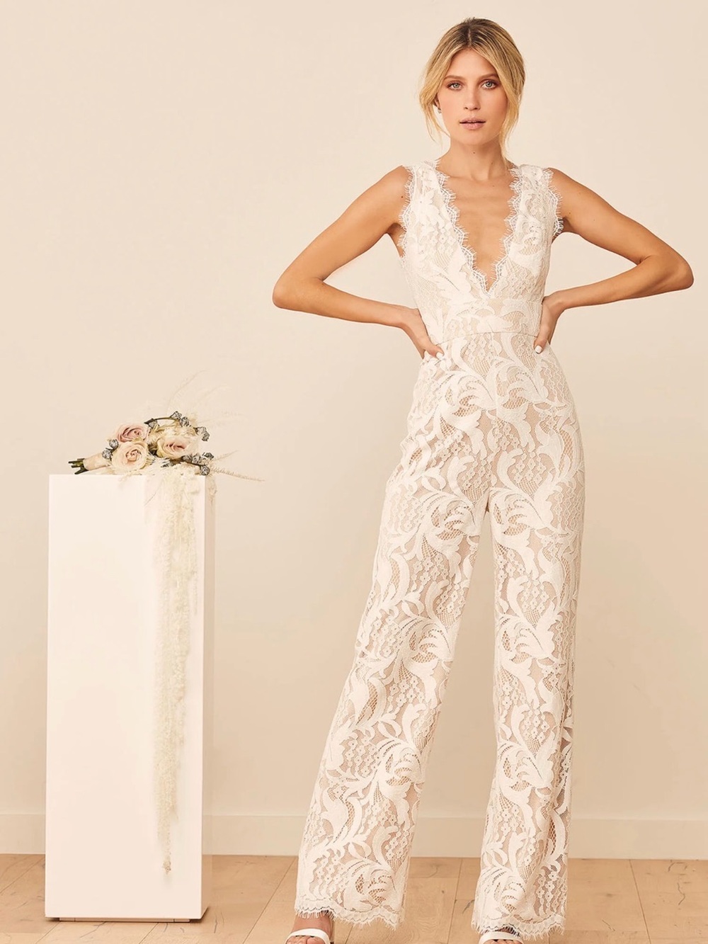 Lulu's Ivory Lace Deep V-Neck Wide-Leg Jumpsuit